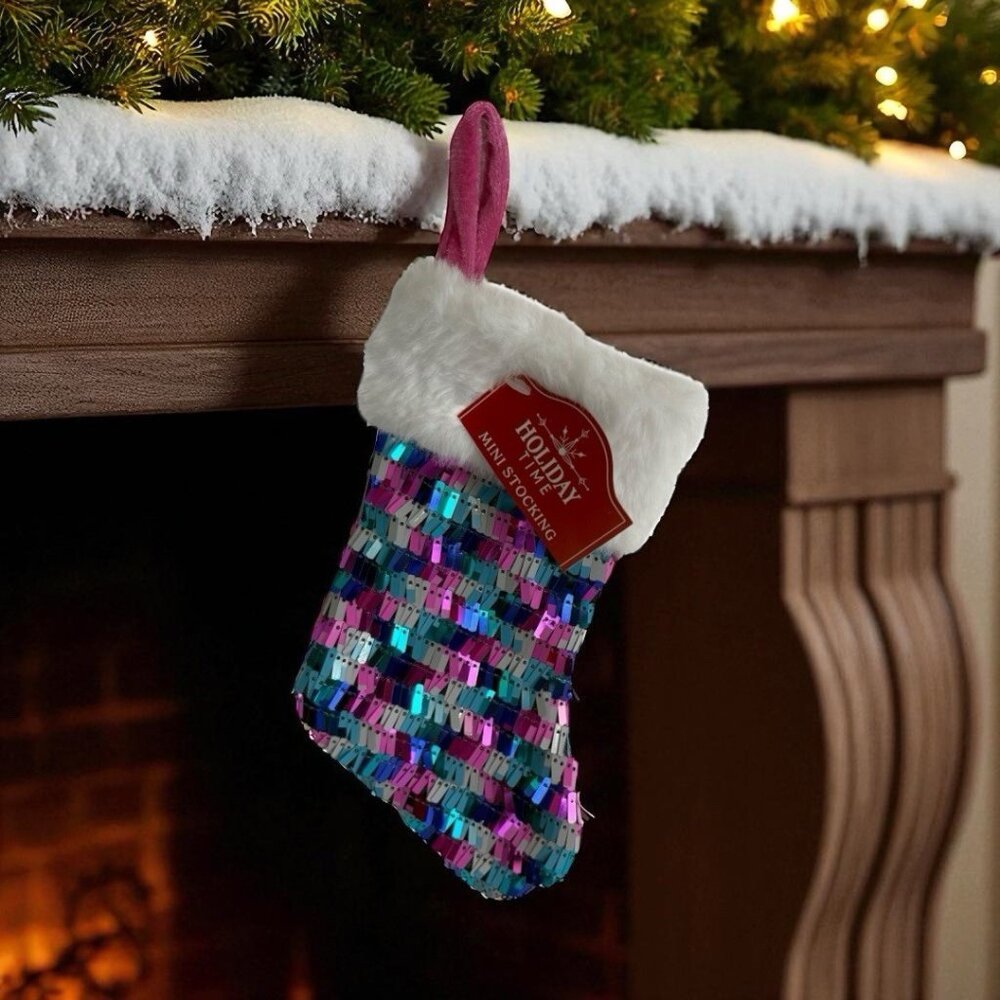 Holiday Time Pink and Blue Mini Christmas Stocking Sequins Stocking 7"